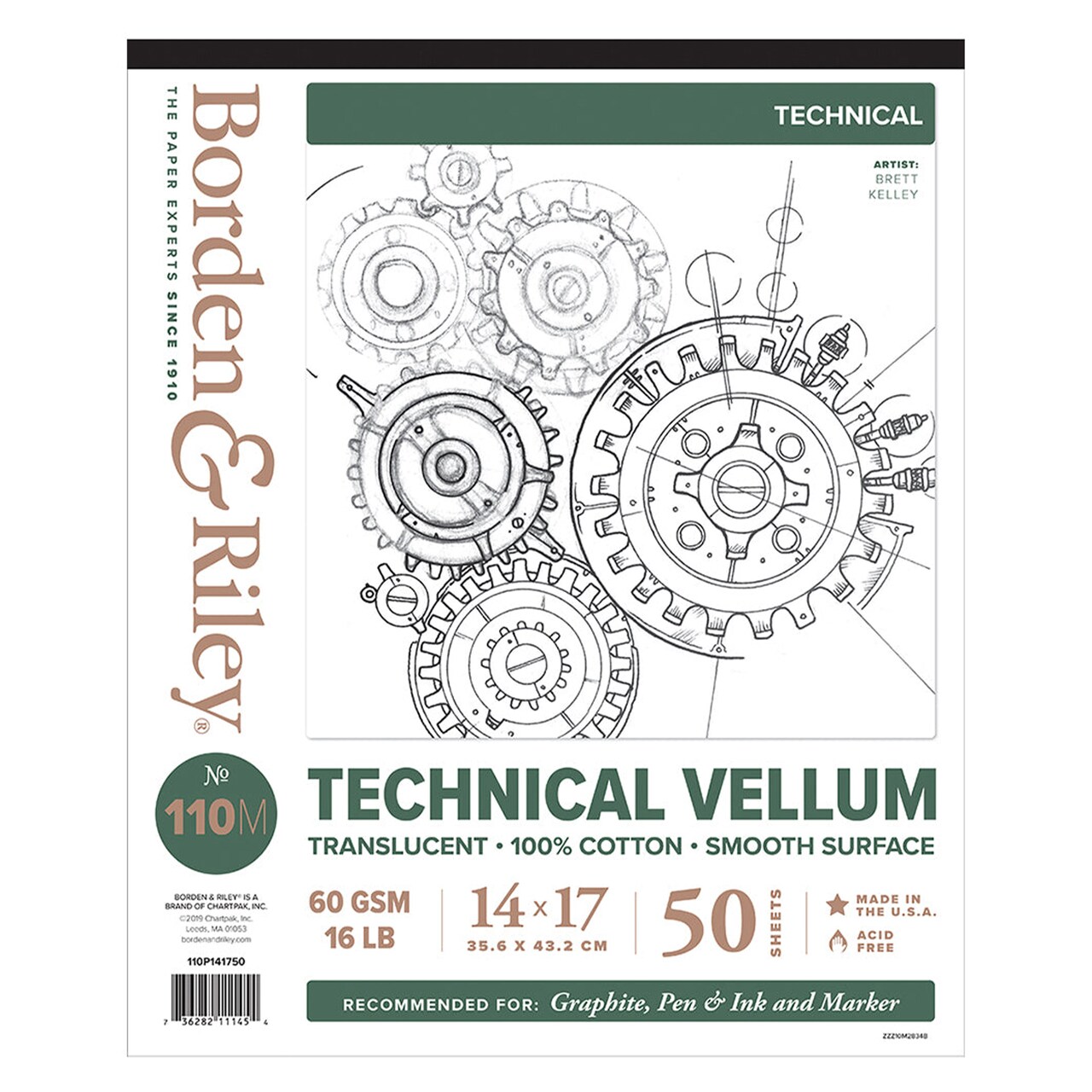 Borden & Riley #110M Technical Vellum Pad, 60 GSM/16 lb., 100% Cotton, 1 Pad Each